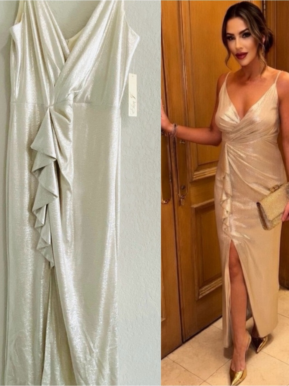 NWT Eliza J Champagne Silver Formal Prom Occasion Wedding Guest Gown Dress